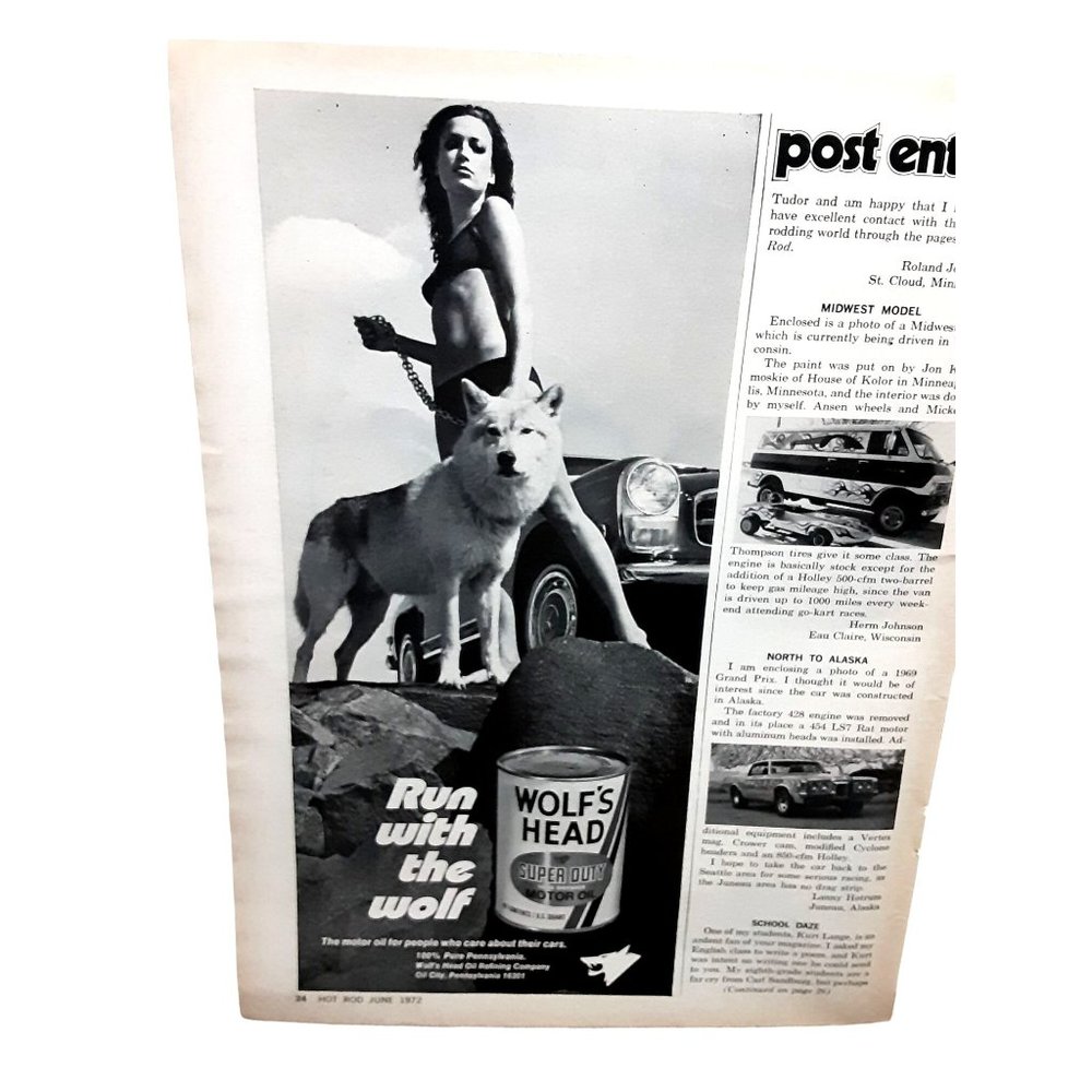 Vintage 1972 Wolf's Head Oil Woman Wolf Original Ad epherma